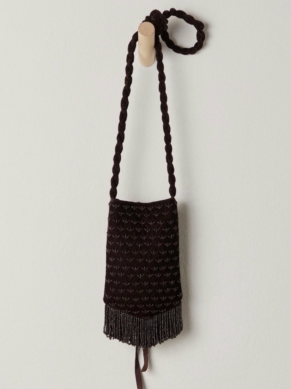 Free People Handcrafted Wine Dark Chocolate Beaded Fringe Crossbody Bag NWT
